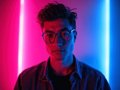 Young Man With Glasses Posing Against Neon Lights
