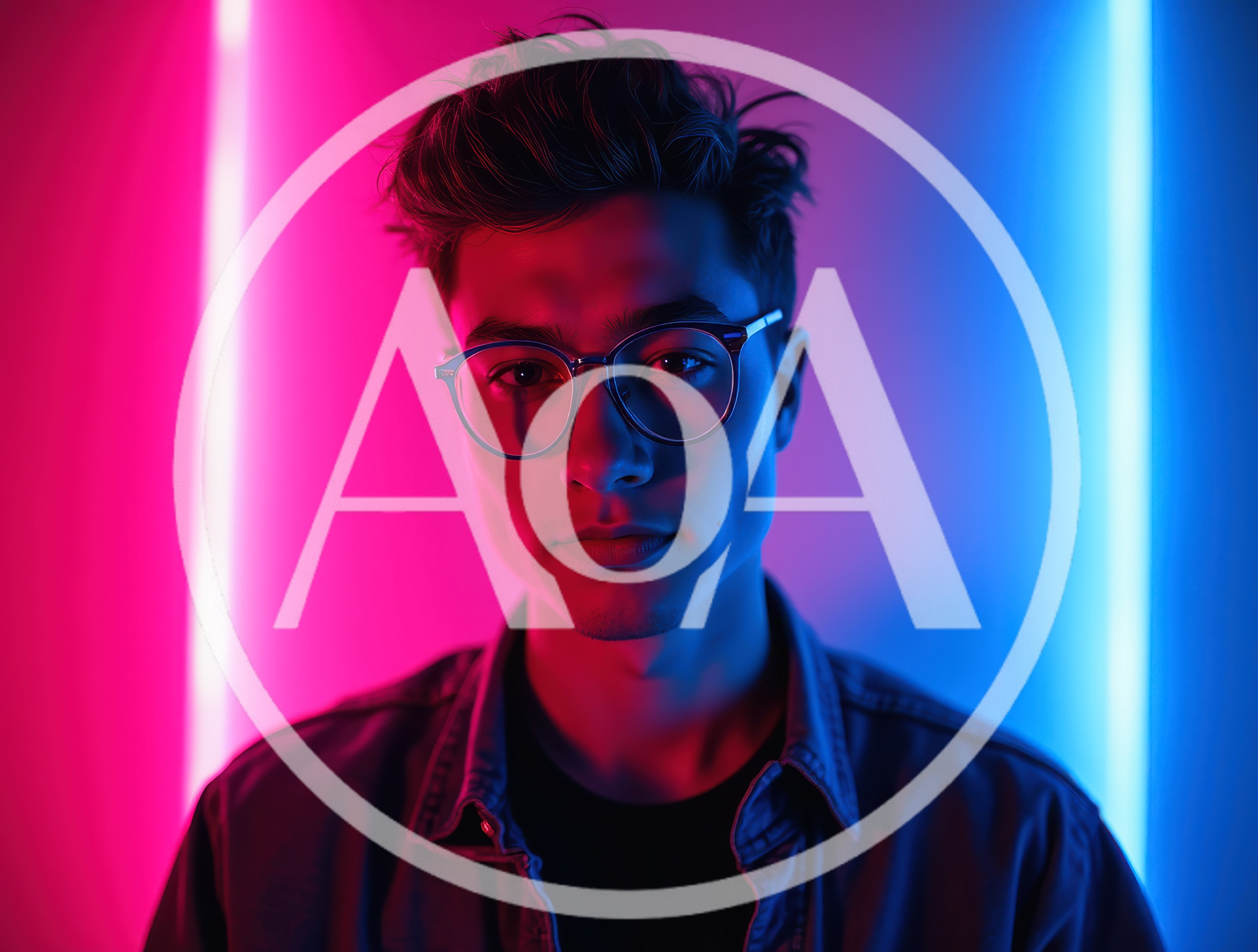 Young Man With Glasses Posing Against Neon Lights