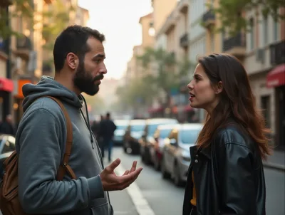 Man and Woman Having a Serious Conversation on Street