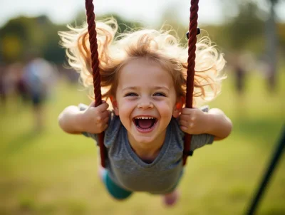 Happy Young Child Swinging On A Playground Swing