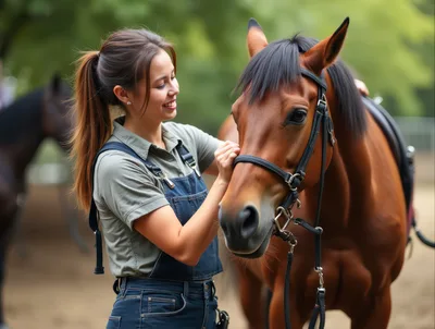 Young Woman Petting A Brown Horse At A Stable