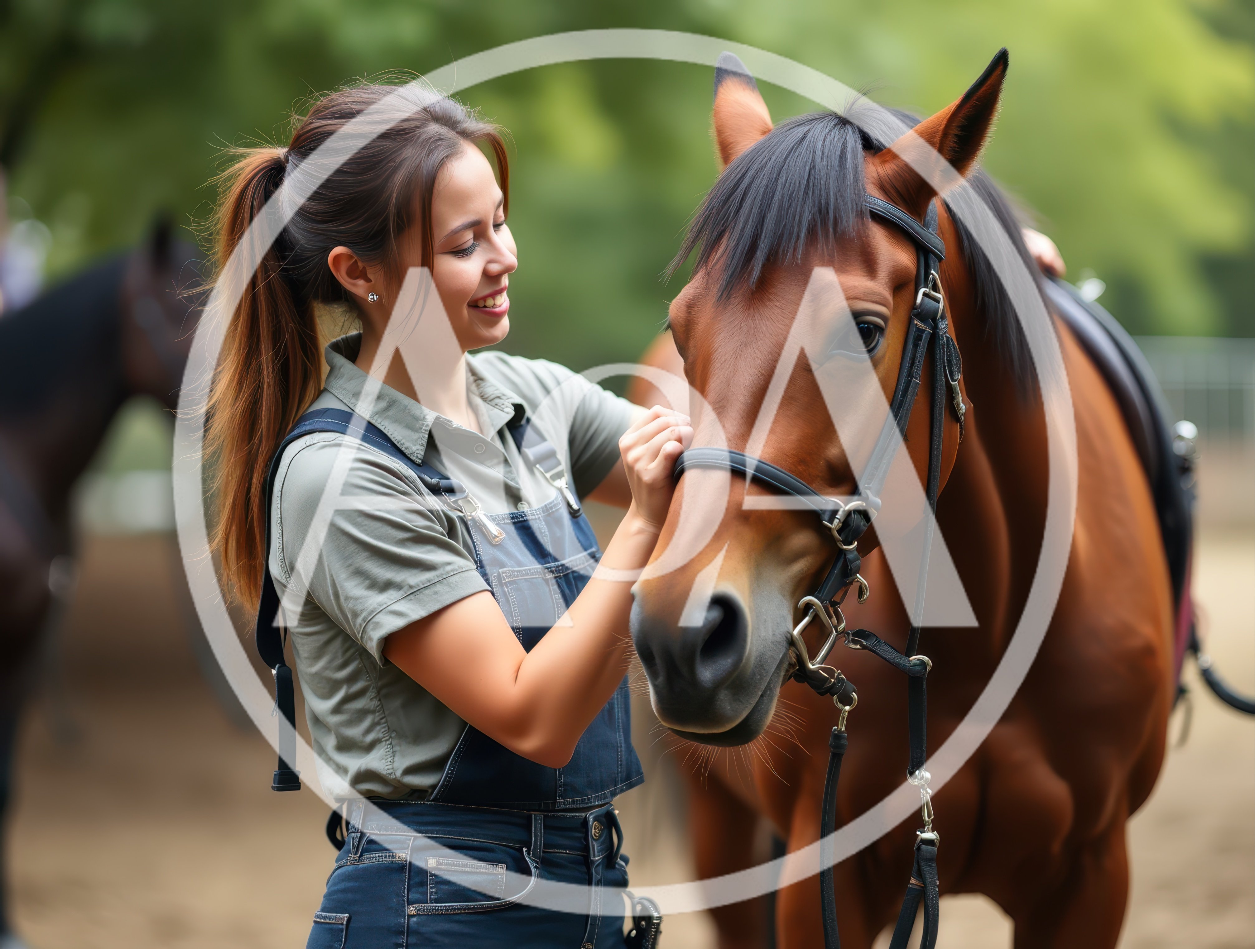 Young Woman Petting A Brown Horse At A Stable