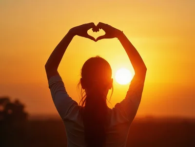 Woman Making Heart Shape With Hands Against Sunset