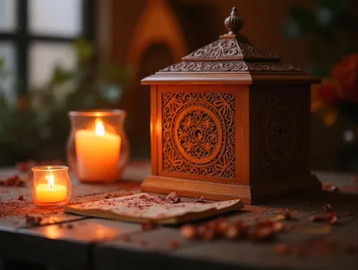 Ornate Wooden Box With Candles And Scattered Spices