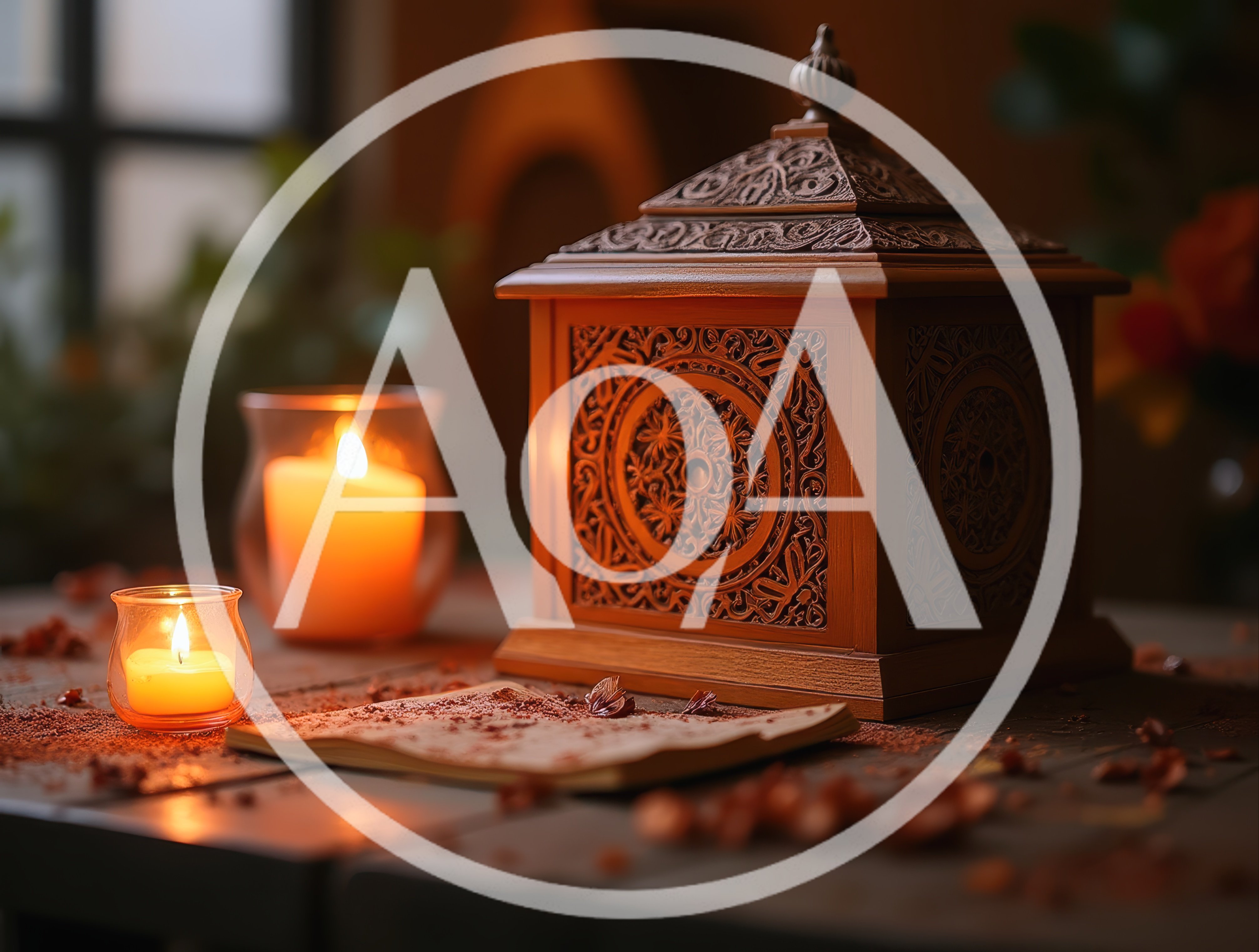 Ornate Wooden Box With Candles And Scattered Spices