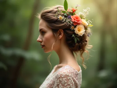 Profile Portrait Of A Bride With Floral Hair Arrangement