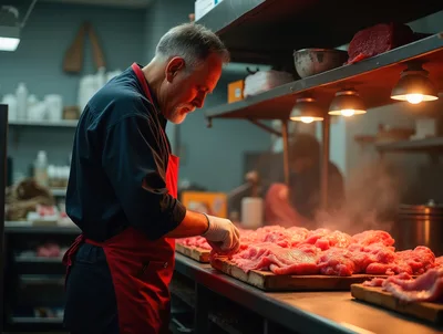 Butcher Preparing Fresh Meat In A Professional Kitchen