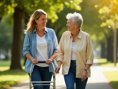 Young Woman Assisting Senior Woman With Walker In Park