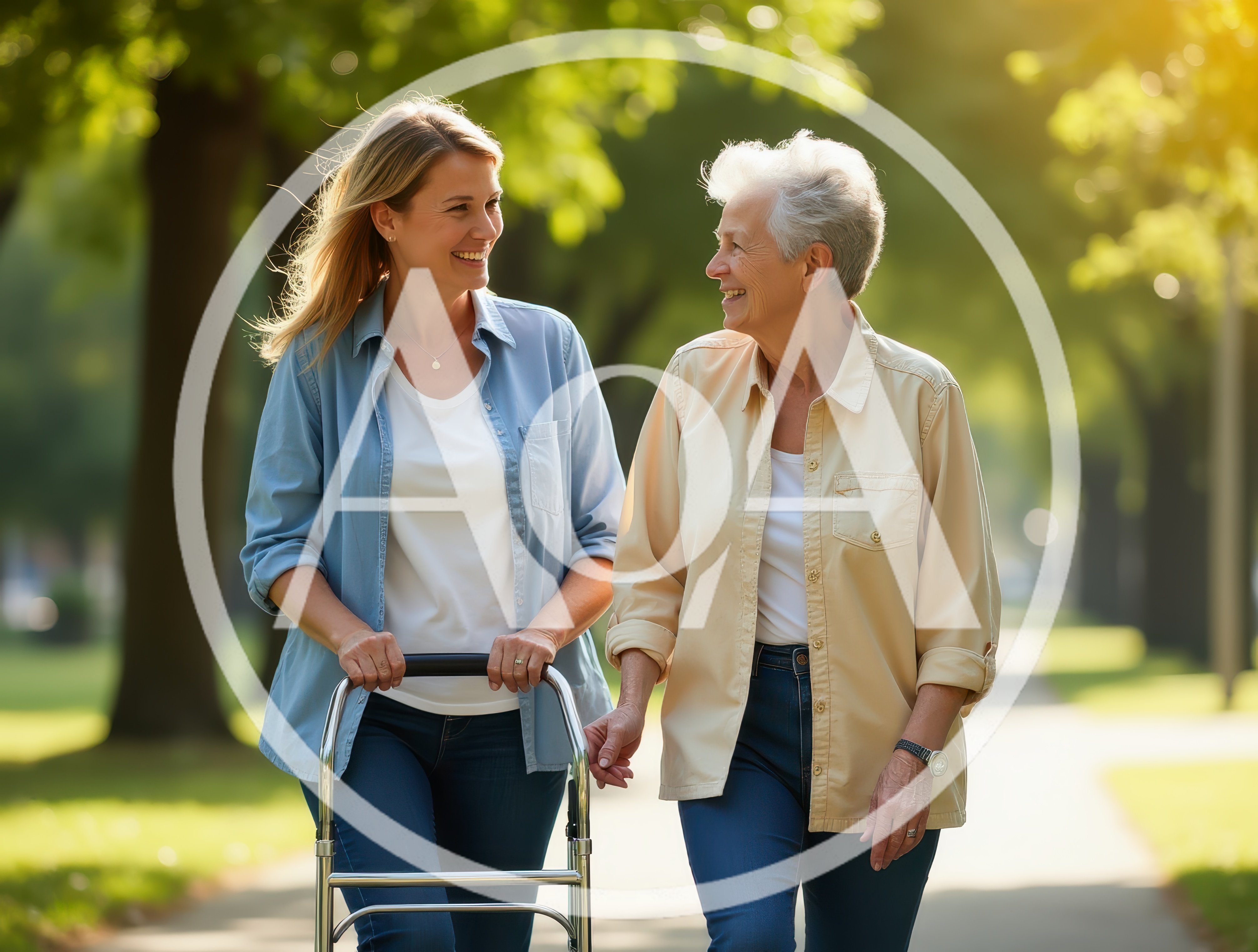 Young Woman Assisting Senior Woman With Walker In Park