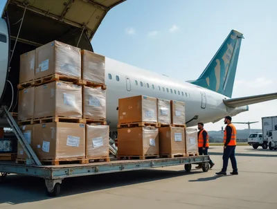 Ground Crew Loading Cargo Pallets Onto Airplane