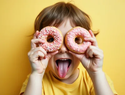 Child Holding Pink Donuts Over Eyes