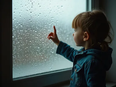 Toddler Girl Touching Raindrops On A Windowpane