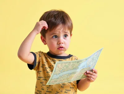 Confused Toddler Boy Holding A Paper Map