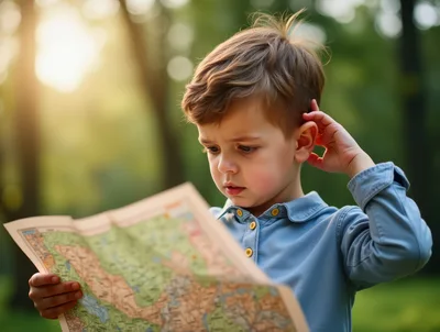 Young Boy Looking Confused While Reading A Paper Map