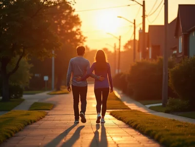 Couple Walking Together Down A Suburban Street At Sunset