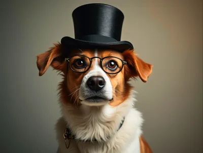 Portrait Of A Dog Wearing A Top Hat And Glasses