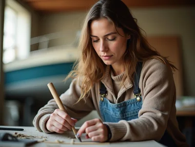 Young Woman Crafting Wood With A Carving Tool