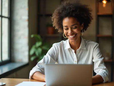 Smiling Professional Woman Working On Laptop In Office