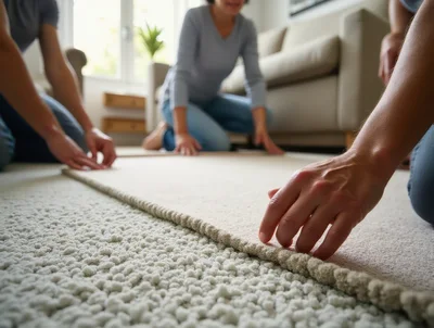 People Installing New Carpet In A Living Room
