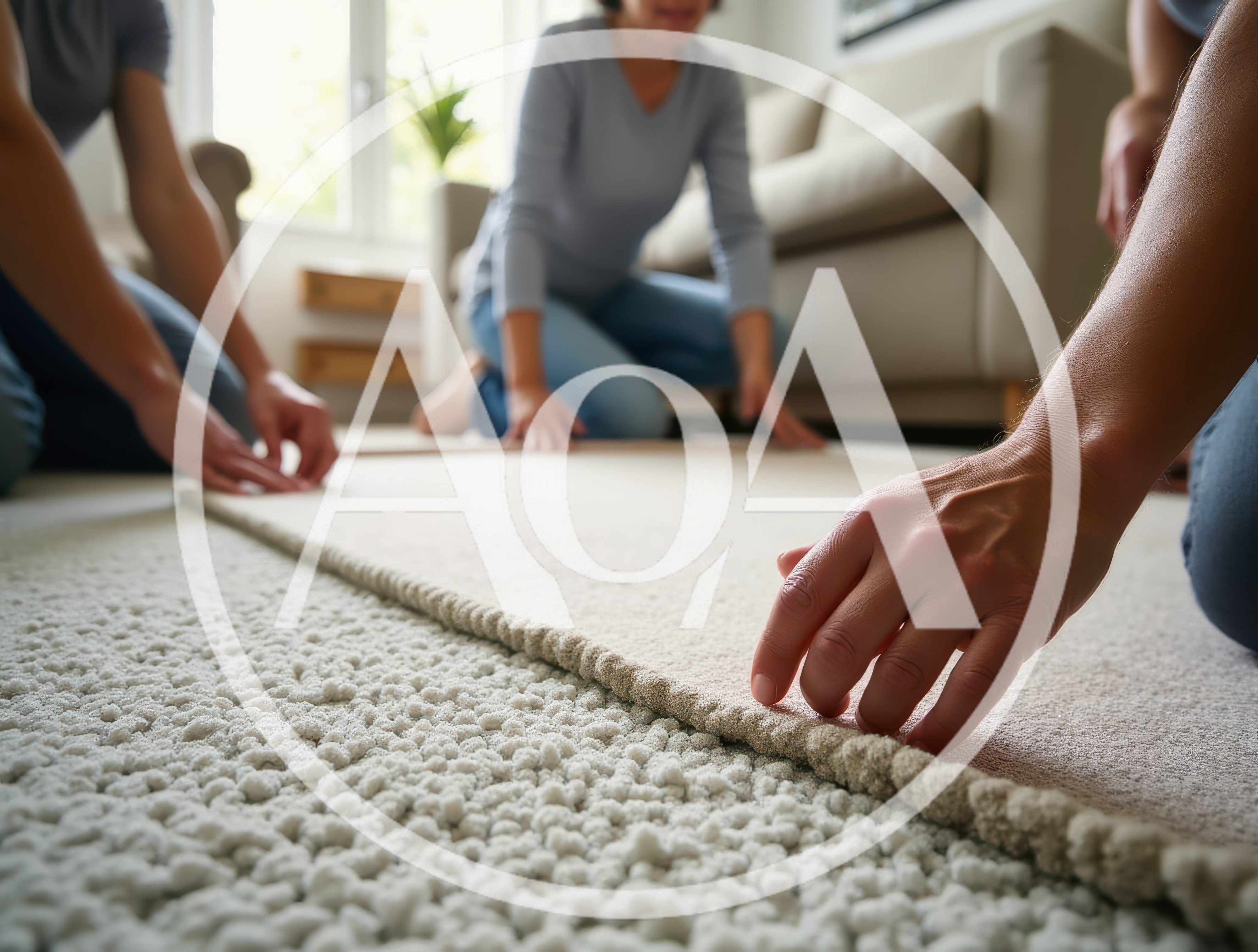 People Installing New Carpet In A Living Room