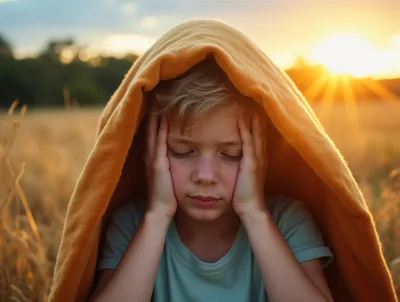 Young Boy With Blanket Over Head In Wheat Field