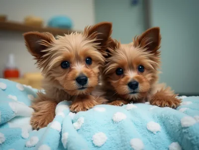 Two Adorable Yorkshire Terrier Puppies Resting
