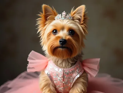 Adorable Yorkshire Terrier Wearing A Pink Princess Dress And Tiara