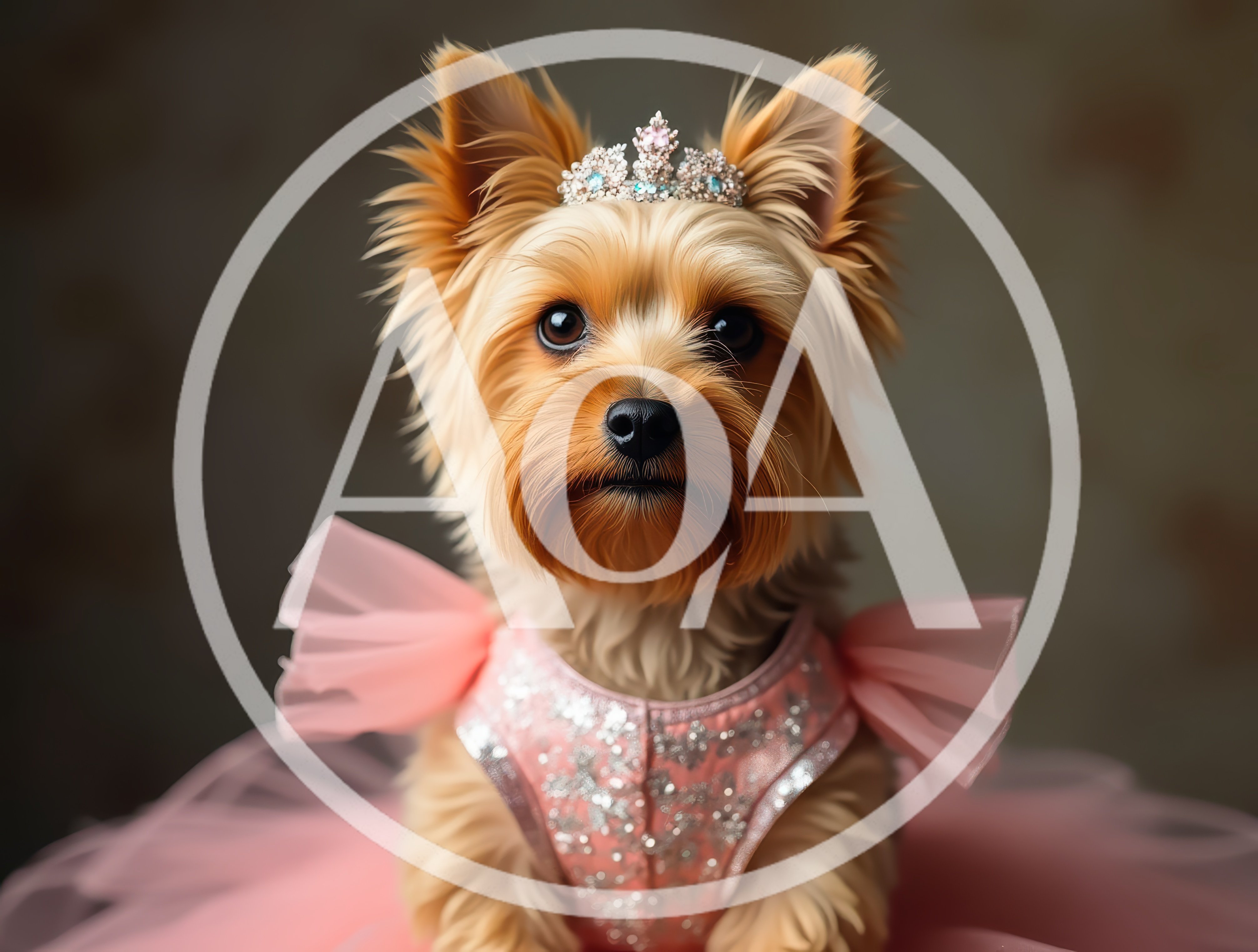Adorable Yorkshire Terrier Wearing A Pink Princess Dress And Tiara