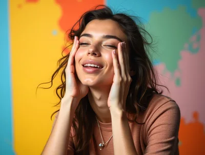 Young Woman With Eyes Closed Touching Her Face