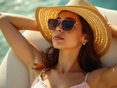 Woman Relaxing In Sun Hat And Heart Shaped Sunglasses