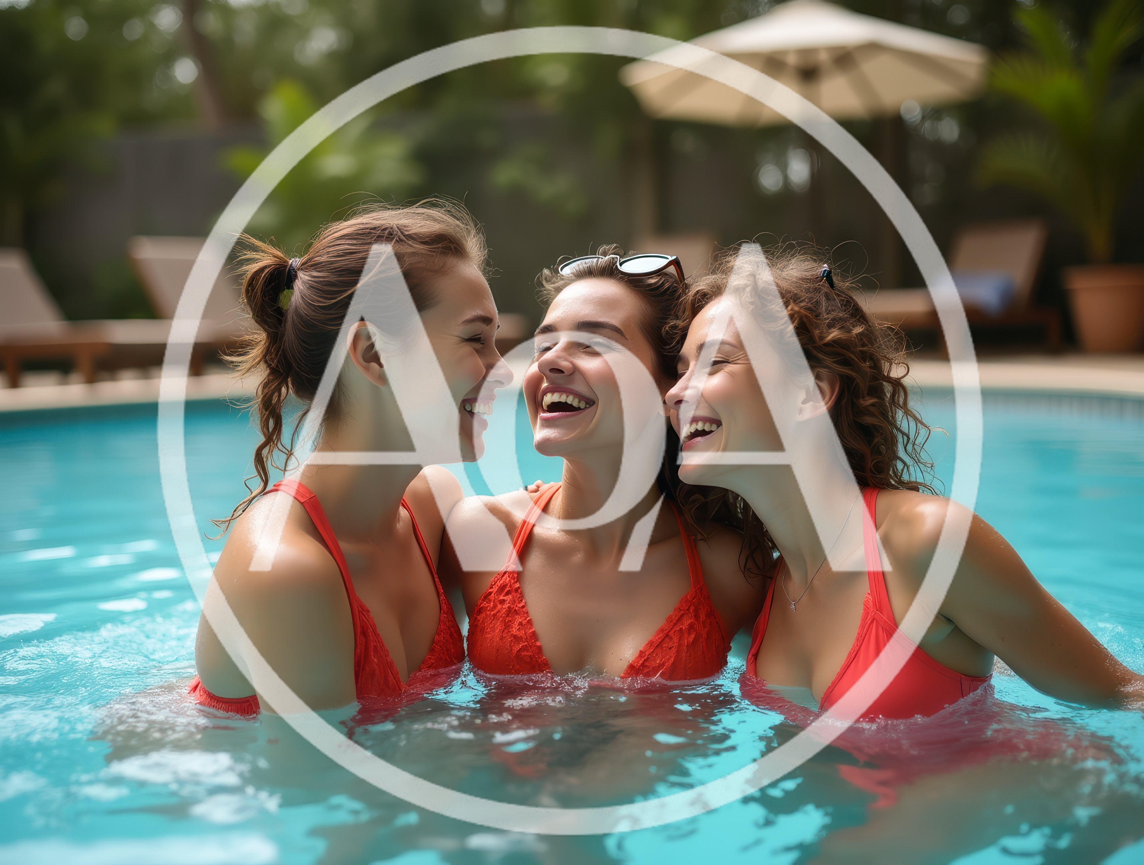 Three Young Women Laughing Together In A Swimming Pool