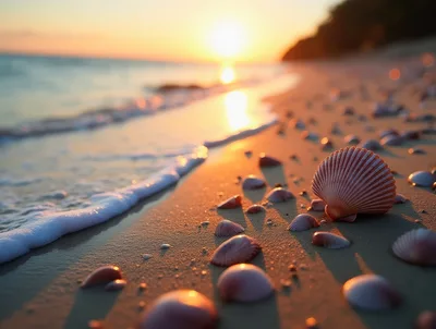 Seashells Scattered Along A Sandy Beach At Sunset