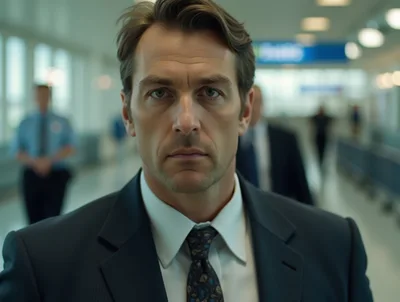 Serious Businessman Walking Through A Busy Airport Terminal