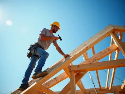 Construction Worker Hammering Wooden Roof Frame