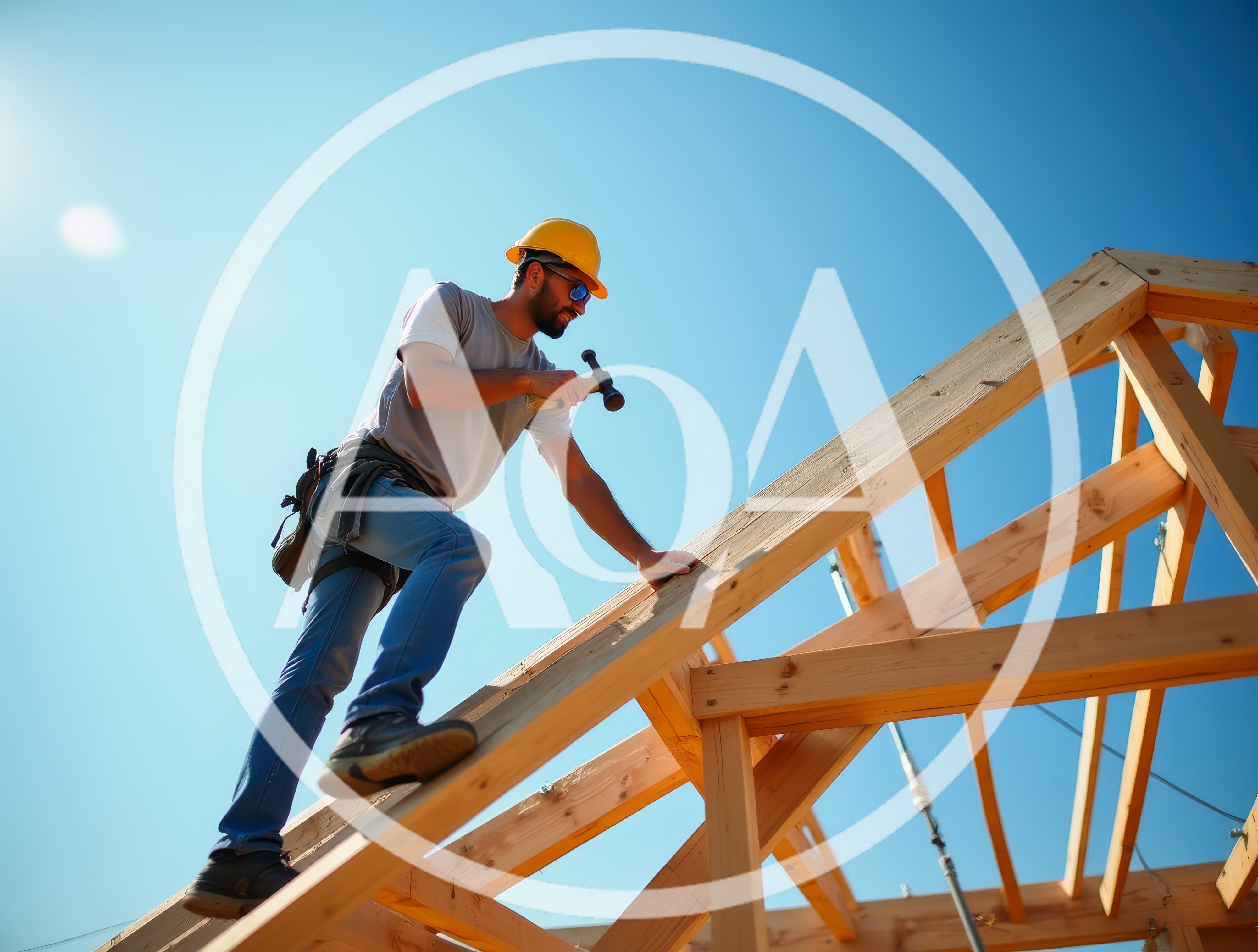Construction Worker Hammering Wooden Roof Frame
