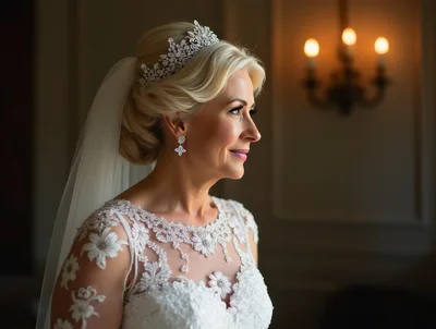 Elegant Blonde Bride Wearing Tiara And Lace Wedding Dress