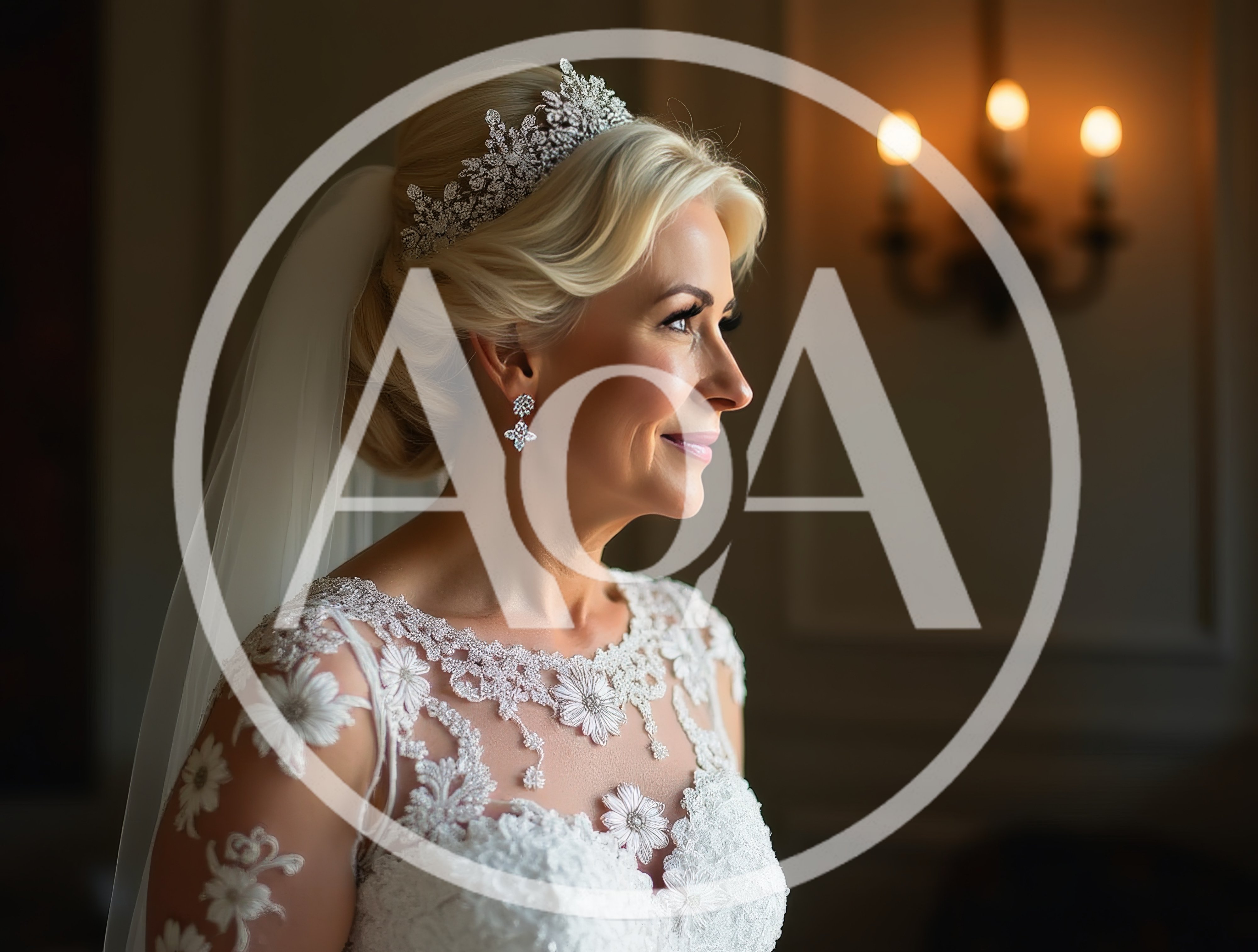 Elegant Blonde Bride Wearing Tiara And Lace Wedding Dress