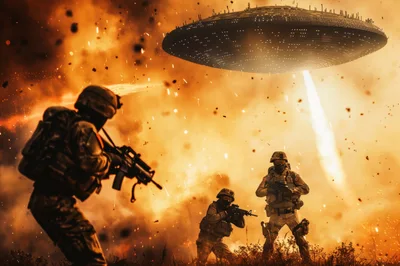 Soldiers Fighting Alien Spaceship During Intense Battlefield Explosion