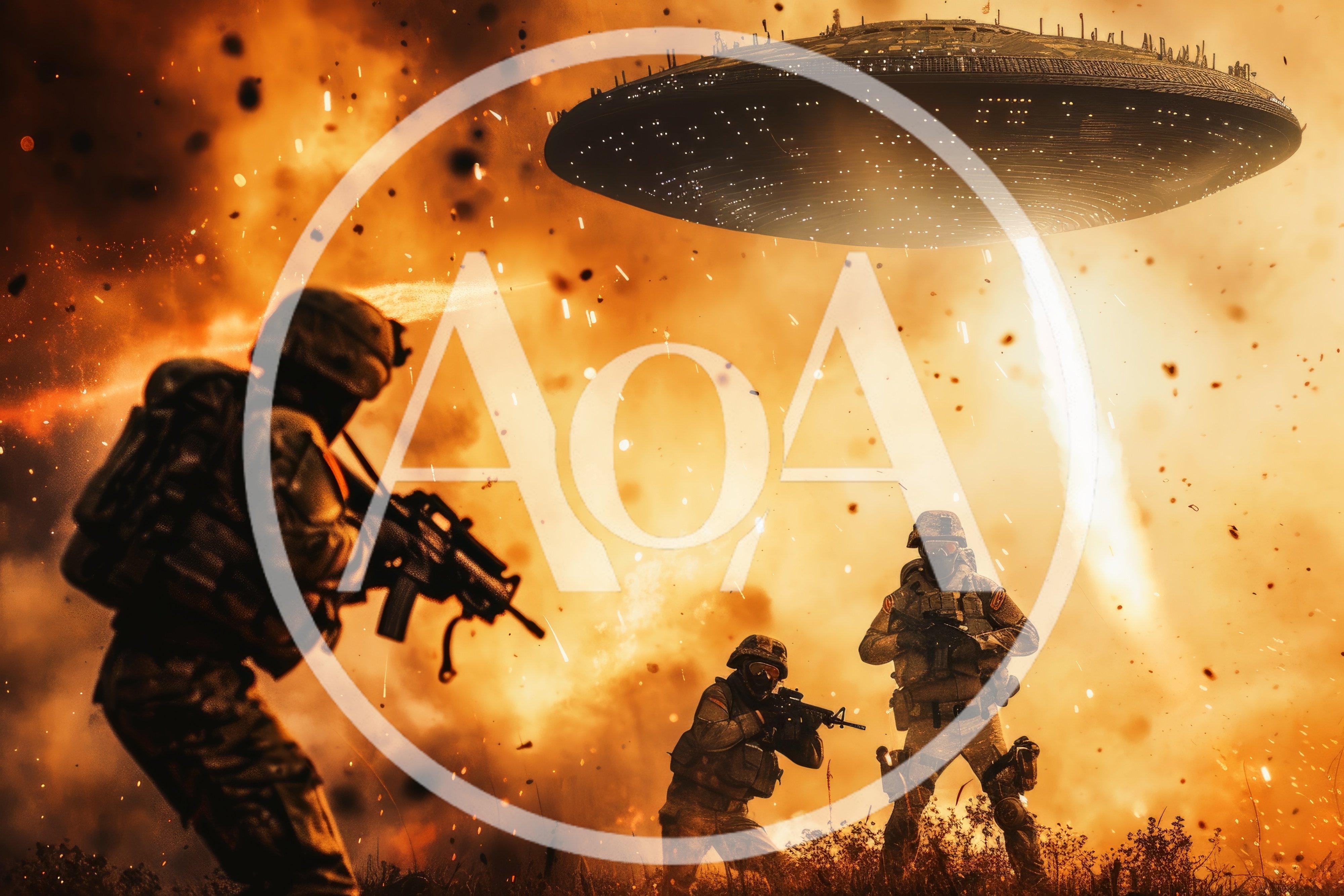 Soldiers Fighting Alien Spaceship During Intense Battlefield Explosion