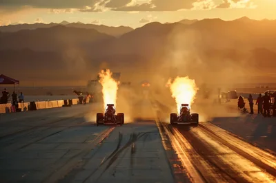 Two Dragsters Launching With Flames At Sunset
