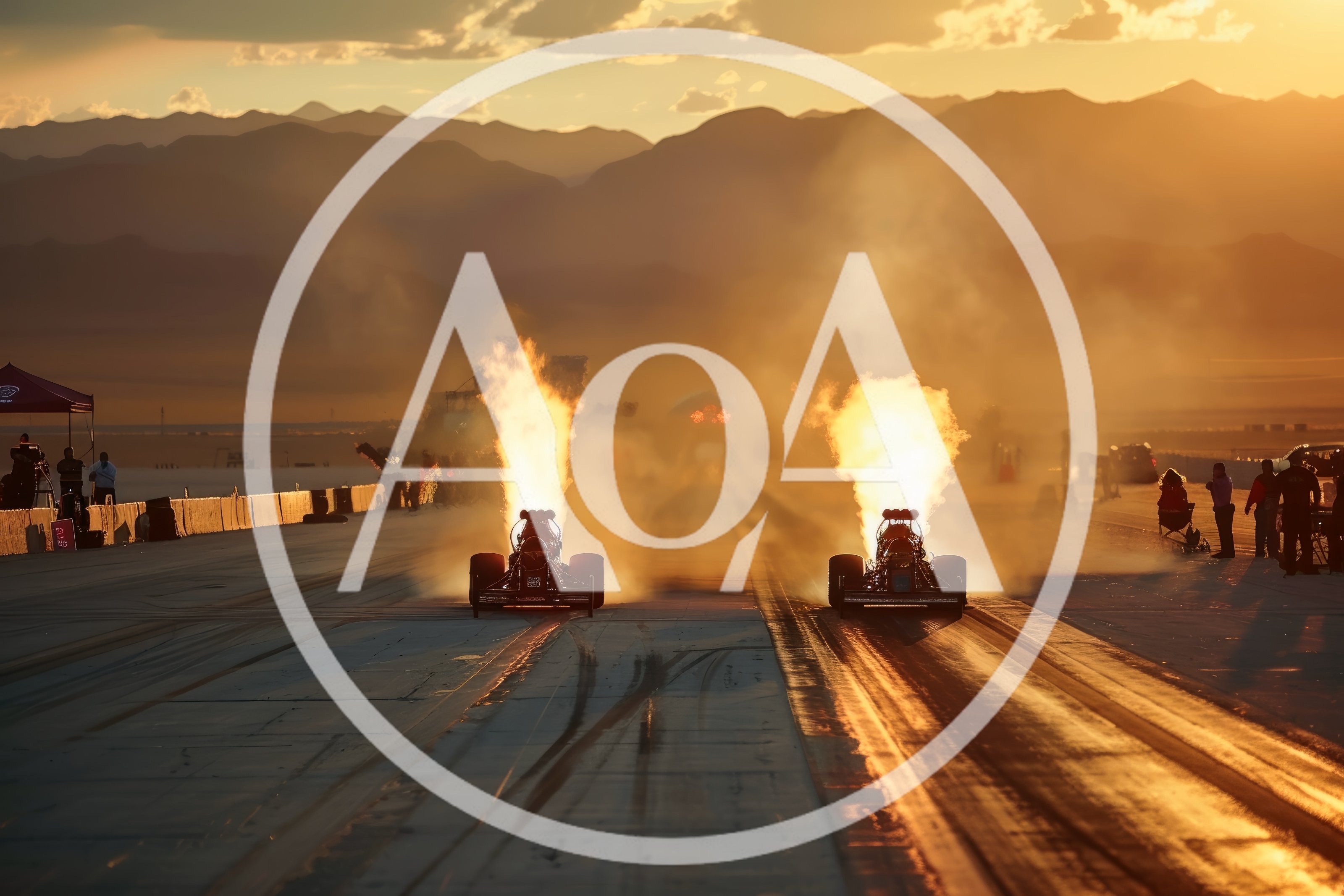 Two Dragsters Launching With Flames At Sunset