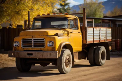Vintage Yellow Flatbed Truck Parked On Dirt Road