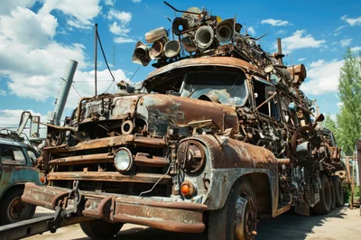 Rusty Abandoned Junk Truck With Scrap Metal Art
