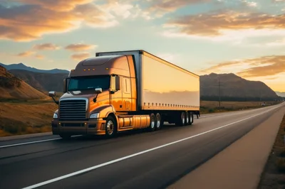 Semi Truck Driving On A Desert Highway At Sunset