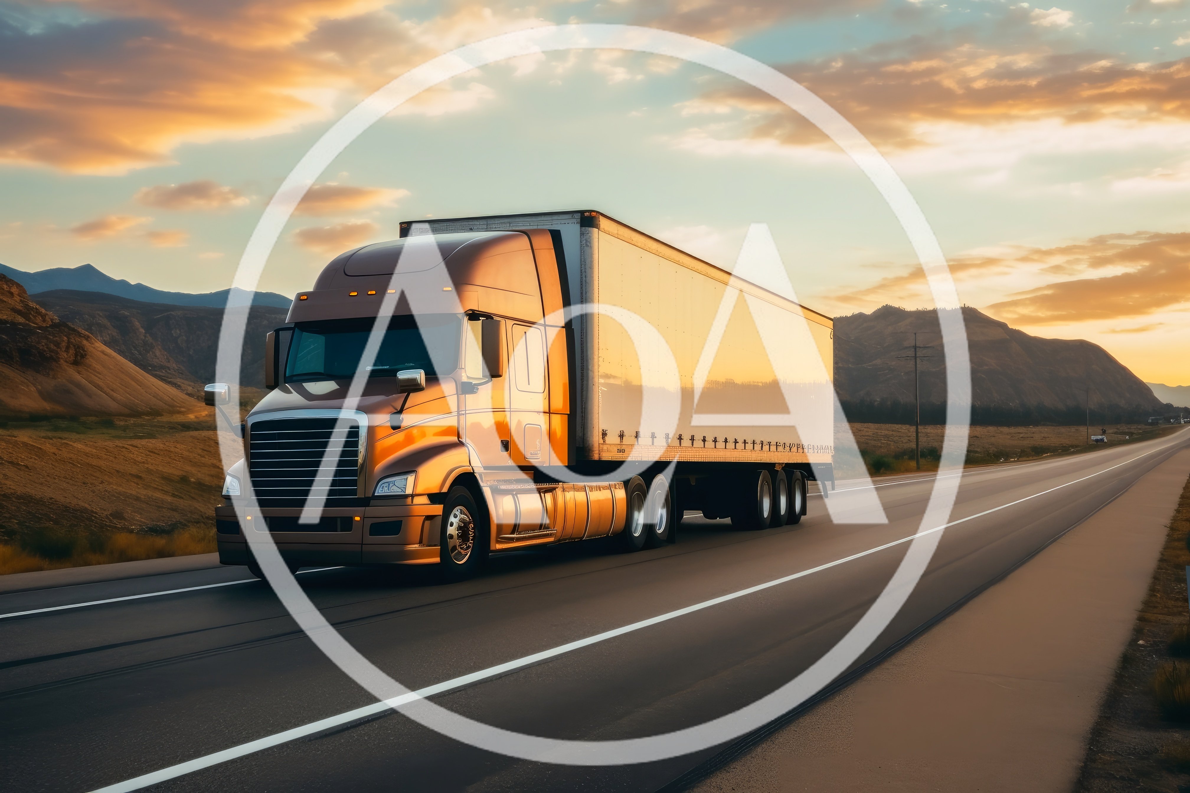 Semi Truck Driving On A Desert Highway At Sunset