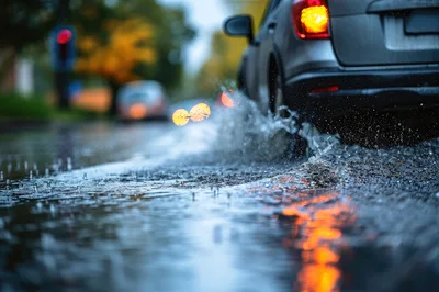 Car Driving Through Puddle On Rainy City Street