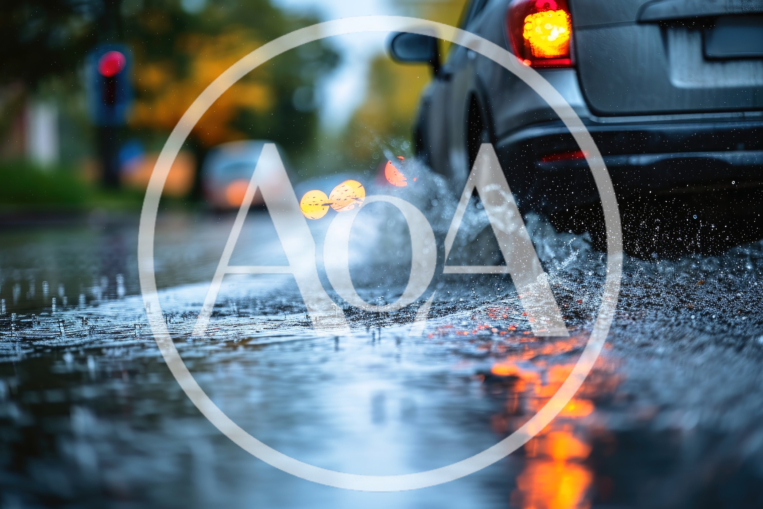 Car Driving Through Puddle On Rainy City Street