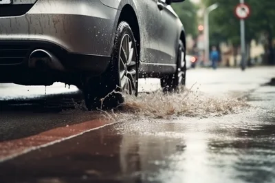 Car Driving Through A Puddle On A Rainy Day