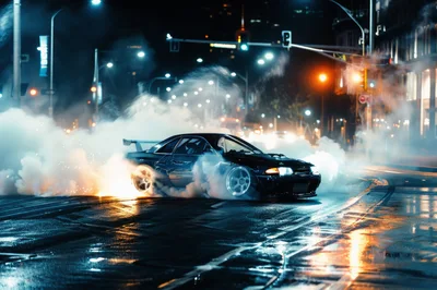 Nissan Skyline GT-R Drifting on City Street at Night