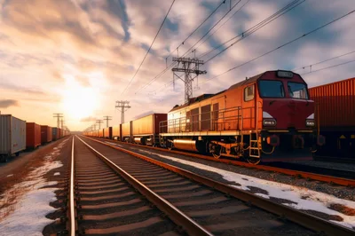 Freight Train Standing on Tracks at Sunset